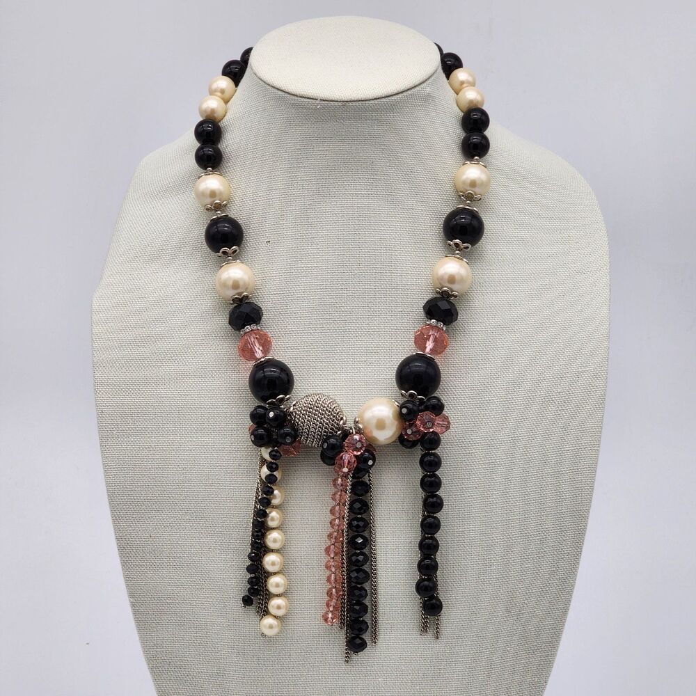 Lafayette 148 New York Bead Pearl Chain Dangle Statement Necklace Black Pink